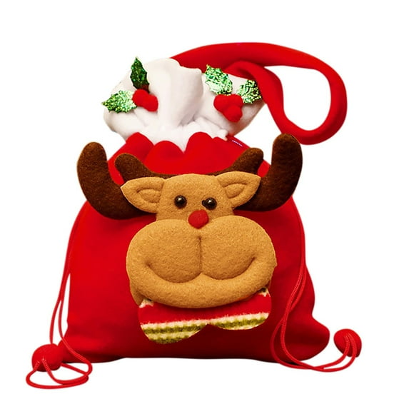 SDJMa Christmas Gift Bags with Drawstring, 7"x9" 3D Reindeer Xmas Gift Bags, Reusable Christmas Goodie Bags Treat Bags for Kids Girls Boys Candy Sack Storage Bag Party Favor
