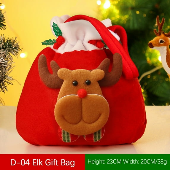 SDJMa Christmas Gift Bags with Drawstring, 8"x9" Cute 3D Reindeer Xmas Tote Bags with Handle, Reusable Christmas Wrapping Bags Goodie Bags Treat Bags for Kids Girls Boys Sack Storage Bag Party Favor