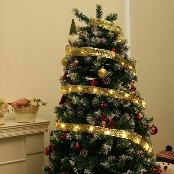 SDJMa Christmas Ribbon Lights Gold 13.1ft LED Lights Battery Powered Double Layer Copper Wire Ribbon Bows Fairy Strings Lights for Weddings New Year Christmas Tree Decorations