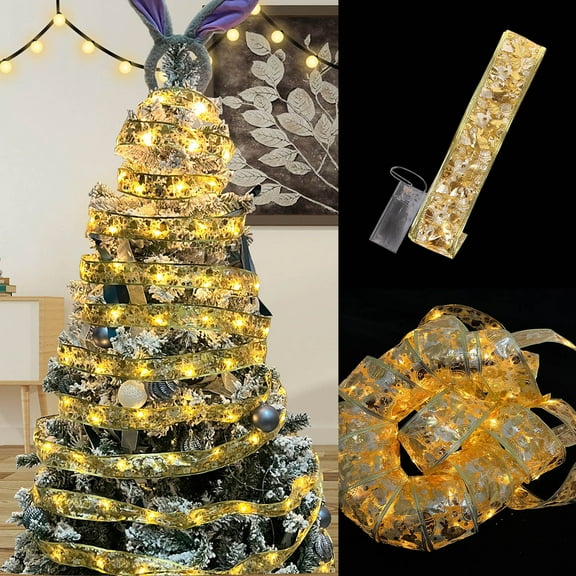 SDJMa Christmas Ribbon Lights Gold 16.4ft 50 LED Lights Battery Powered Double Layer Copper Wire Ribbon Bows Fairy Strings Lights for Weddings New Year Christmas Tree Decorations