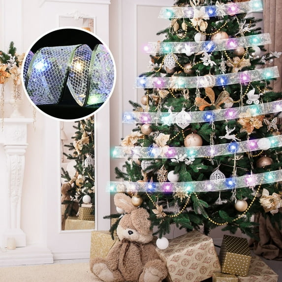 SDJMa Christmas Ribbon Lights Sliver 16.4ft 50 LED Lights Battery Powered Double Layer Copper Wire Ribbon Bows Fairy Strings Lights for Weddings New Year Christmas Tree Decorations