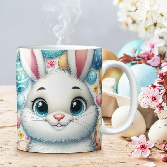 SDJMa Cute Easter Bunny Mugs, 12oz Watercolor Rabbit Ceramic Coffee Mug Easter Party Cups for Home School Office Table Centerpieces, Easter Rabbit Gift for Kids Adults