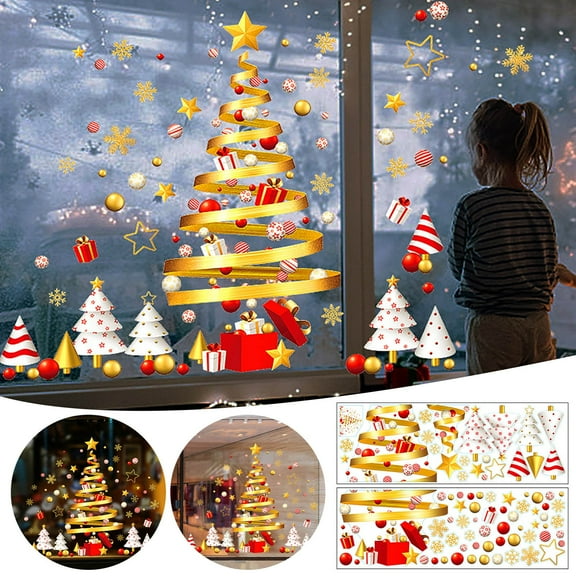 SDJMa DIY Christmas Windows Stickers Wreath Snowflakes Xmas Tree Wall Window Clings Door Mural Decals Static Sticker for Showcase Winter Party Decorations (2 Sheets)
