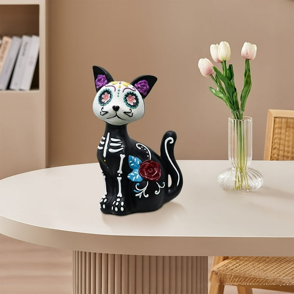 SDJMa Day of The Dead Cat Figurine, Mini Resin Skeleton Animal Statue for Halloween Party Home Table Decor