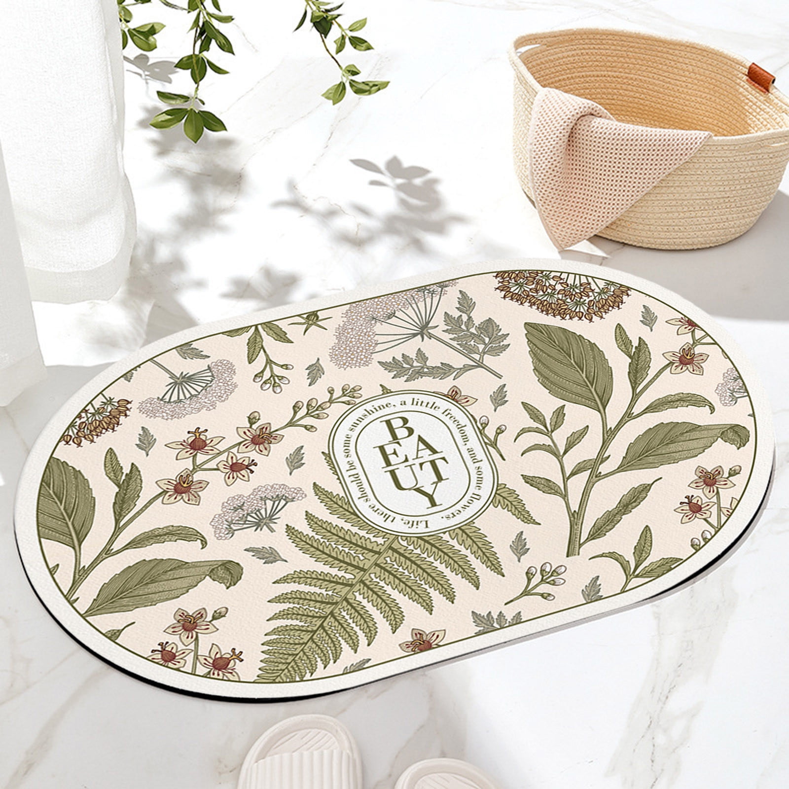 SDJMa Diatomaceous Earth Bath Mat,Yinyin Green Grass Flowers Oval Soft Wrinkle Free Bathroom ...