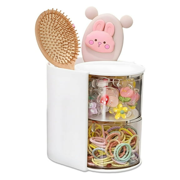 SDJMa Double-Layer Rotating Hair Accessory Storage Box, Transparent Jewelry Organizer with 180掳 Swing Design, for Headbands, Clips, Makeup (White)