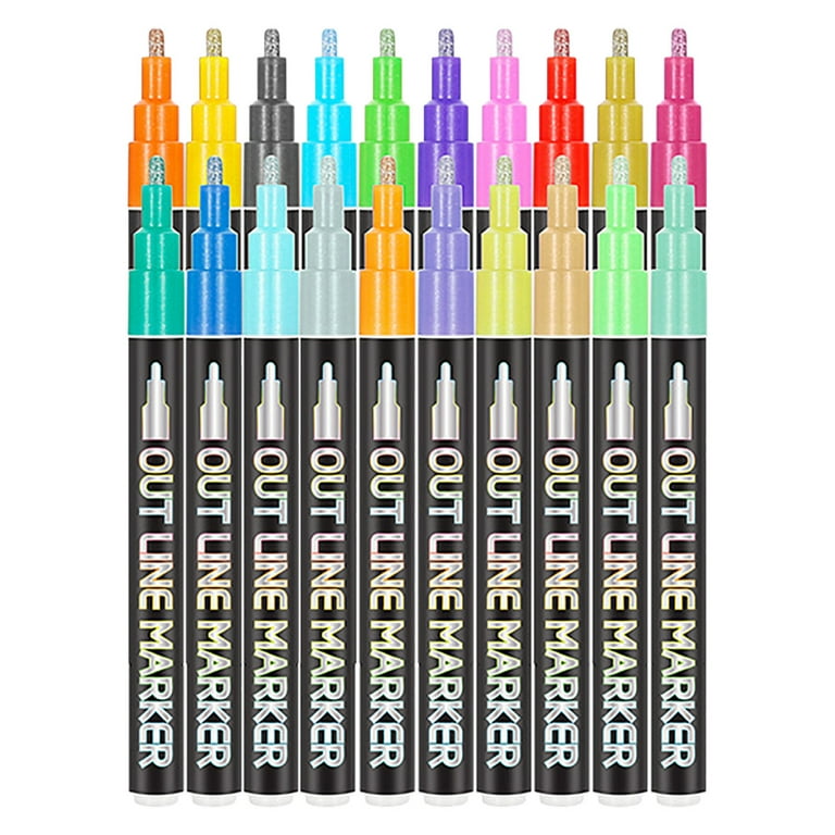 30 Colors Double Line Outline Pen Set Metallic Color Highlighter