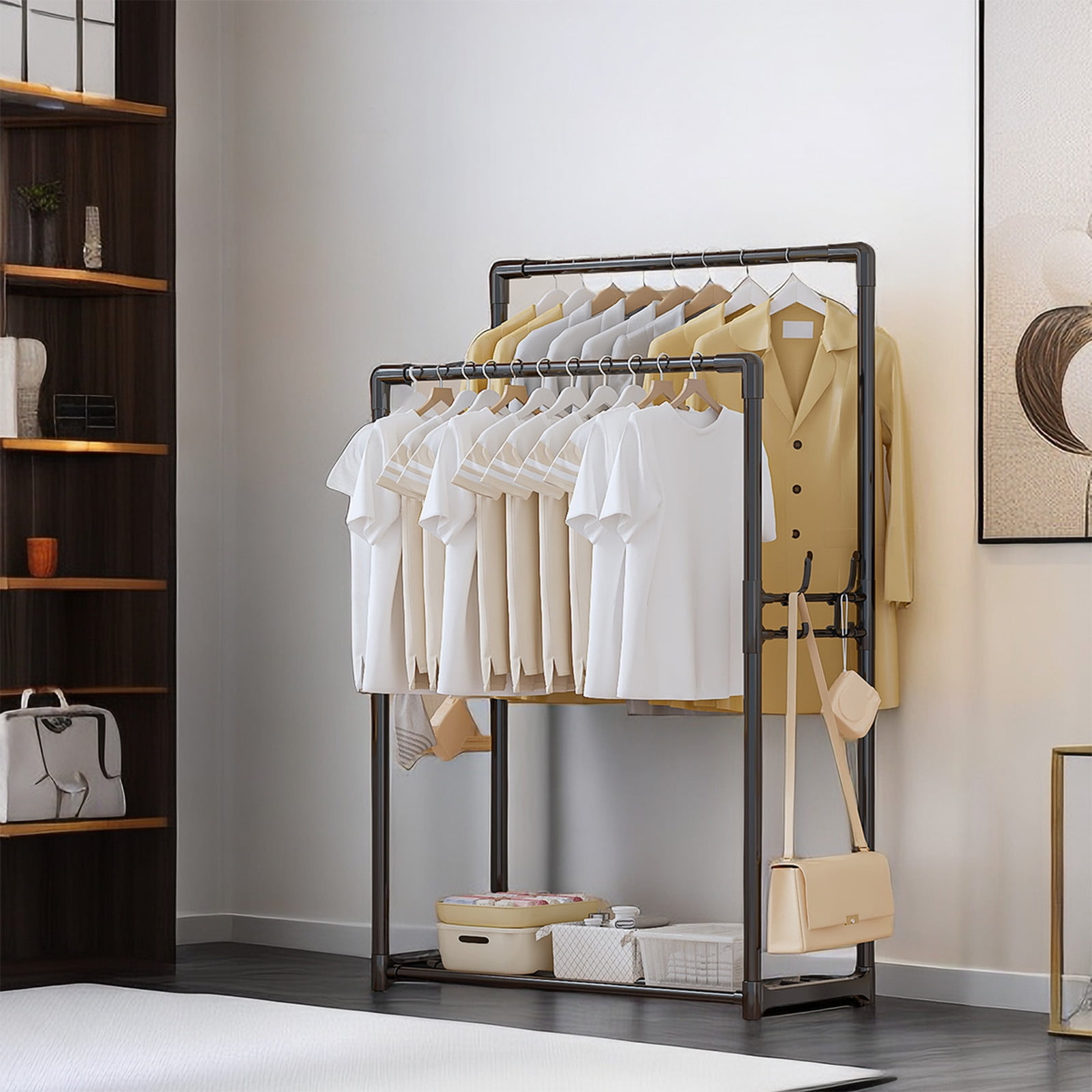 SDJMa Double Rod Garment Rack Metal Clothing Rack with Shelves and Side Hooks Freestanding Wardrobe for Bedroom Walmart