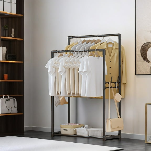 SDJMa Double Rod Garment Rack, Metal Clothing Rack with Shelves and Side Hooks, Freestanding Wardrobe for Bedroom
