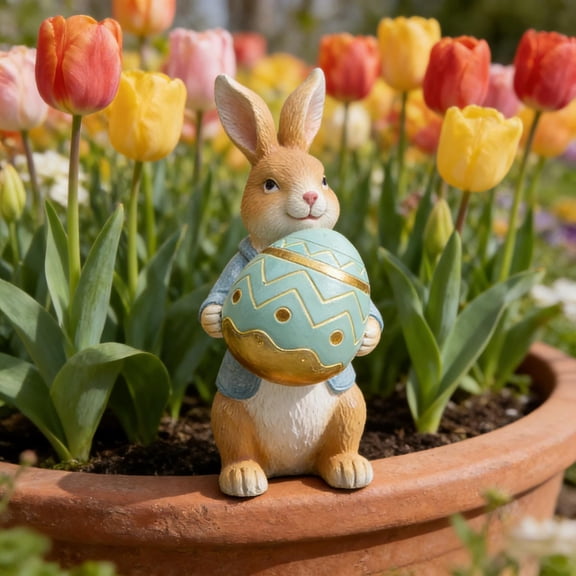 SDJMa Easter Bunny Decoration, 5.4" Resin Rabbit Hold Egg Figurine for Spring Easter Home Table Decor