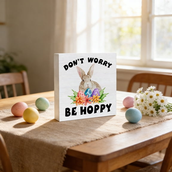 SDJMa Easter Decor, Easter Wooden Sign, Bunny Wooden Box Sign for Spring Easter Farmhouse Home Desk Tabletop Shelf Decoration, 4 x 4 inch