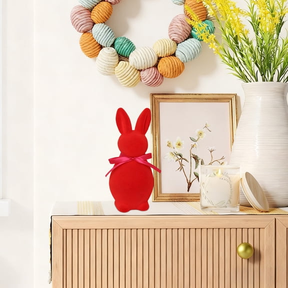 SDJMa Easter Decoration 5.5" Flocked Bunny Figurine with Bow for Spring Easter Home Office Table Decor