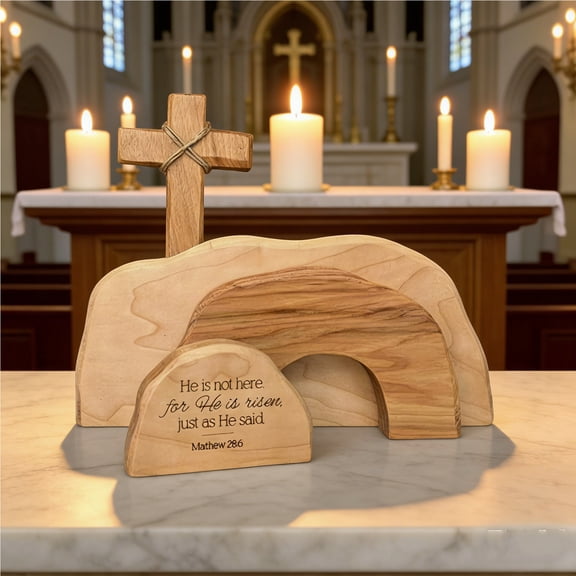 SDJMa Easter Decoration, Easter Resurrection Scene Wooden Ornament, Easter Wooden Cross Empty Tomb Statue Set for Home Table Religious Decor