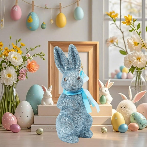 SDJMa Easter Decoration Glitter 8.6" Bunny Figurines with Bow for Spring Easter Mantel Tabletop Decor