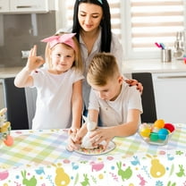 SDJMa Easter Plastic Tablecloth 54x108 Inch, Disposable Colorful Buffalo Check Easter Egg Bunny Rabbit Flower Rectangle Table Cover Decoration for Spring Summer Easter Kitchen Dinner Table Decor