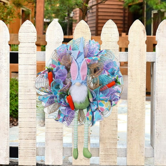 SDJMa Easter Wreath for Front Door, Colorful Mesh Ribbon Bow Wreath with Easter Bunny Gnome Doll, Easter Welcome Wreath for Spring Easter Holiday Party Home Porch Wall Decor, 17"