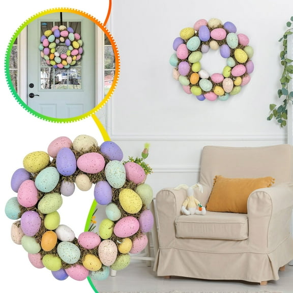 SDJMa Easter Wreath for Front Door, Easter Egg Wreath with Artificial Moss for Spring Easter Holiday Home Porch Wall Decorations, 16"