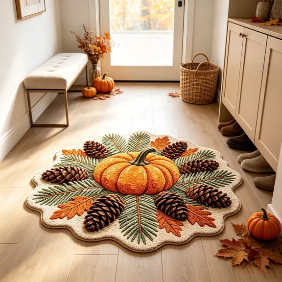 SDJMa Fall Area Rug, Round Non-Slip Washable Maple Leaf Pumpkin Pinecone Floor Mat for Bedroom Bathroom Decor, 23.6x23.6 inch