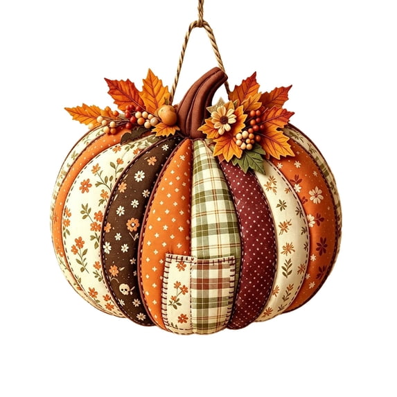 SDJMa Fall Patchwork Pumpkin Door Hanger, 7.87" Rustic Wooden Door Sign for Autumn Harvest Thanksgiving Halloween Farmhouse Home Front Door Window Hanging Decor