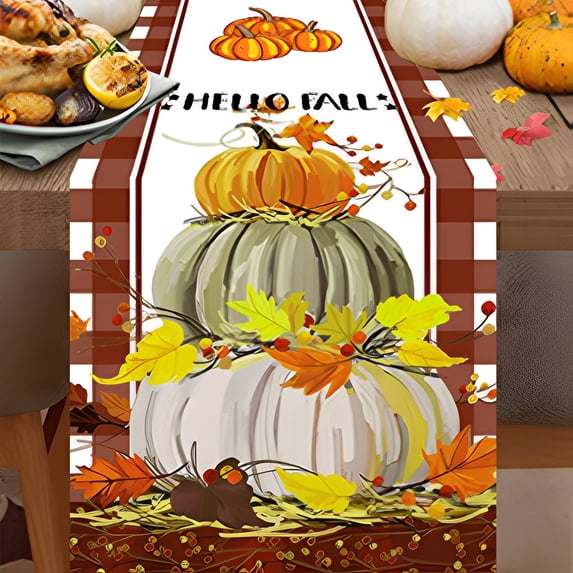 SDJMa Fall Table Runner, Buffalo Plaid Pumpkin Maple Leaf Autumn Harvest Thanksgiving Table Decoration for Holiday Party Dining Room Kitchen Home Decor, 13 x 72 Inch