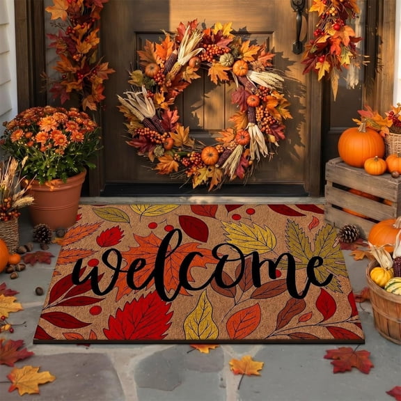 SDJMa Fall Welcome Door Mat, Maple Leaves Doormat, Non-slip Entryway Rug for Autumn Harvest Thanksgiving Farmhouse Home Front Door Porch Floor Entrance Decor, 20"x32"