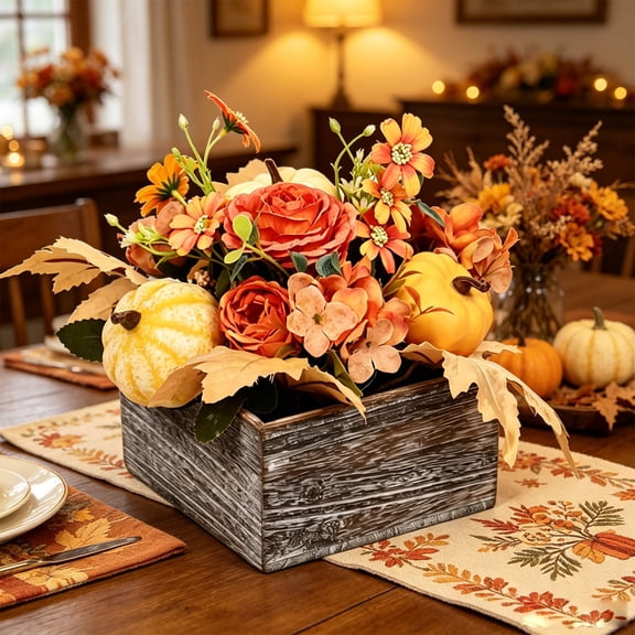 SDJMa Faux Floral with Rustic Wooden Planter Box, Artificial Flower Arrangement with Silk Rose Daisy Hydrangea Pumpkin Berry Maple Leaf for Fall Wedding Party Home Kitchen Dining Table Decor