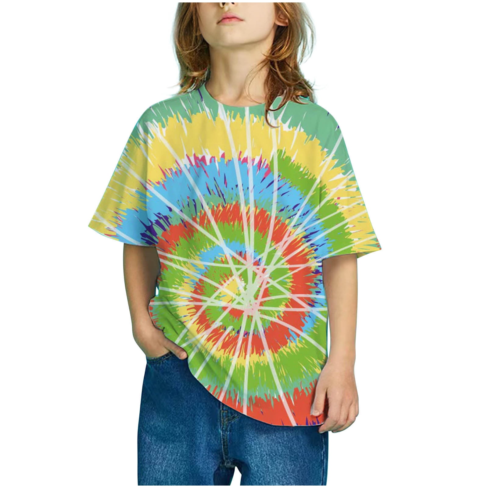 SDJMa Girls' Active Short Sleeve Tie Dye Tops , Girls Casual Tunic Crew