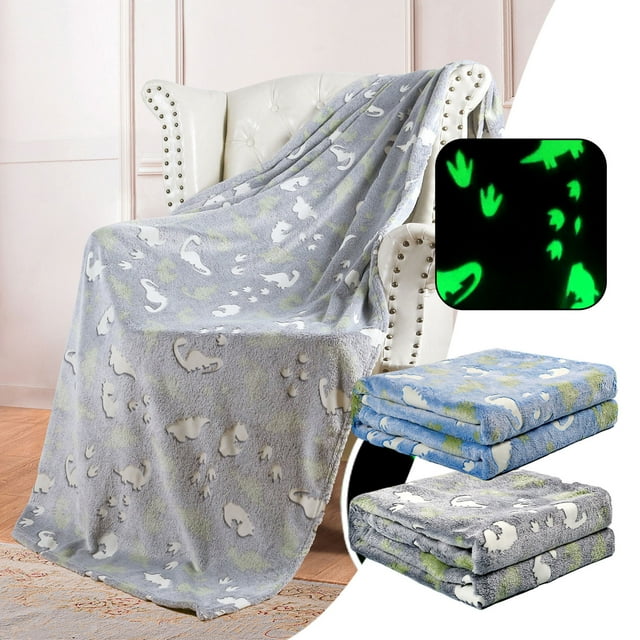SDJMa Glow in The Dark Dinosaur Throw Blanket for Boys Grey Dinosaur
