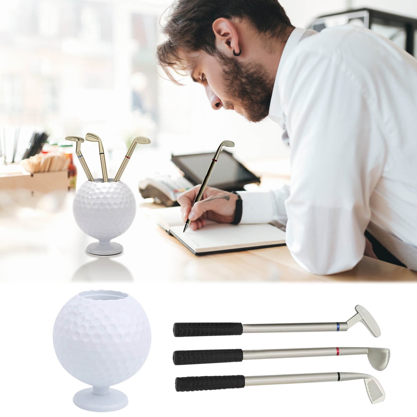 SDJMa Golf Ball Model Pen Holder,3 Pcs Golf Ballpoint Pens,Golf Desktop Gift Mini Golf Ball Pen