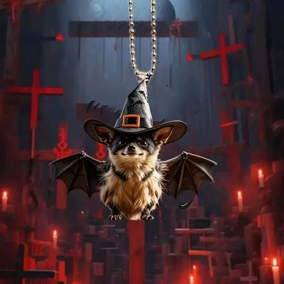 SDJMa Halloween Bat Ornament, 2D Acrylic Furry Bat with Witch Hat Hanging Decoration for Car Tree Backpack Halloween Party Home Decor