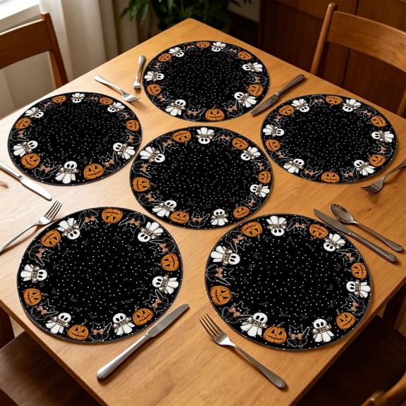 SDJMa Halloween Ghost Round Placemats Set of 6, 14.9" Spooky Ghost Table Mats for Halloween Party Home Office Kitchen Dining Table Decor