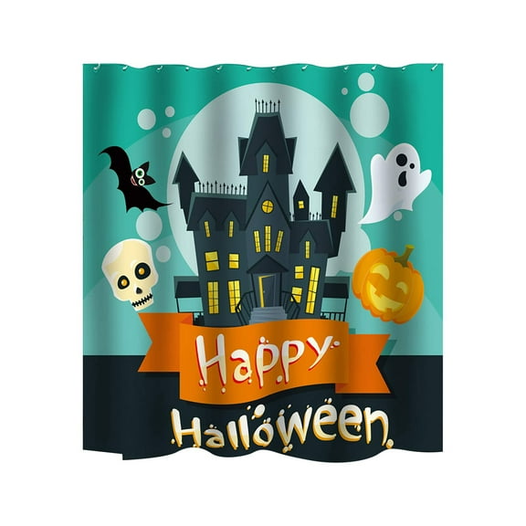 SDJMa Halloween Shower Curtain, Cartoon Ghost Castle Forest Cat Haunted House Printed Shower Curtains with Hooks, Waterproof Halloween Bath Curtains for Bathroom Decor，59"x71"