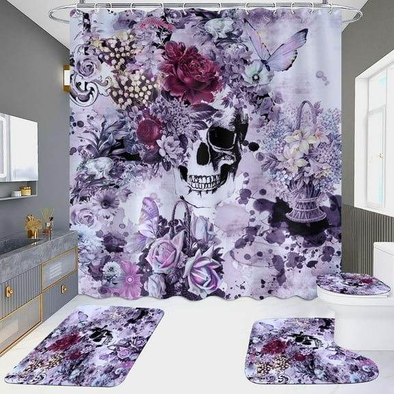 SDJMa Halloween Shower Curtain and Rugs Bathroom Sets, 4 Pcs Skull with Flower Bath Decor,Waterproof Tub Curtains Mats/U-Shape Rug Toilet Cover Hooks