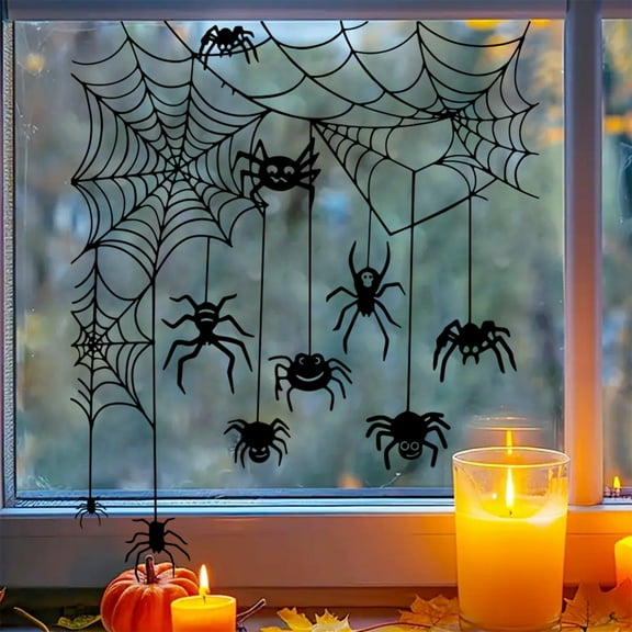 SDJMa Halloween Spider Window Cling, Black Spider Spiderweb Window Decal for Halloween Party Home Glass Window Decor