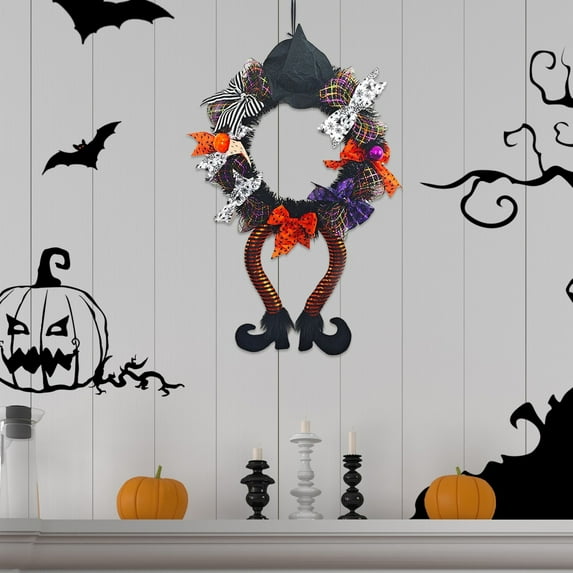 SDJMa Halloween Wreaths for Front Door, 26" Artificial Mesh Wreath with Witch Hat Legs, Spooky Halloween Door Wreath for Indoor Outdoor Home Party Window Wall Decor