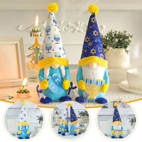 SDJMa Hanukkah Gnomes Decorations, 2 Pcs Mr & Mrs Chanukah Gnomes Plush Table Ornament, Swedish Tomte Gnomes Gifts for Hanukkah Tiered Tray Decor Party Supplies (Menorah+Dreidel)