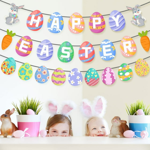 SDJMa Happy Easter Banner, Colorful Easter Egg Bunny Carrot Banner for Spring Easter Party Favors Supplies Home Mantle Fireplace Decor