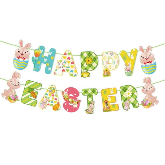 SDJMa Happy Easter Banner, Cute Cartoon Easter Bunny Egg Chick Banner Garland Hanging Decorations for Spring Easter Kids Birthday Party Home Mantle Fireplace Decor