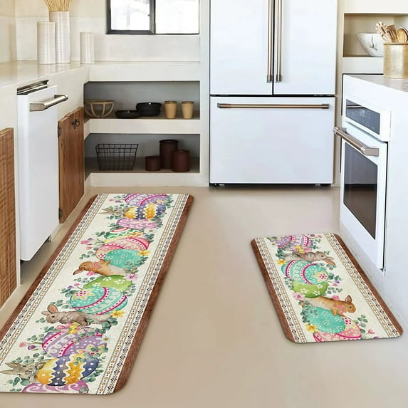 SDJMa Happy Easter Kitchen Rugs and Mats Set of 2, Non-Slip Washable Easter Egg and Bunny Floor Mat for Spring Farmhouse Home Kitchen Decorations, 16x24 Inch + 16x47 inch