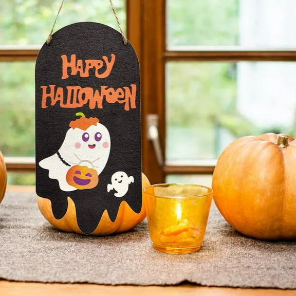 SDJMa Happy Halloween Wooden Door Knob Sign, Cute Door Hanger for Halloween Party Homer Decor, 8.2x4.3 Inch