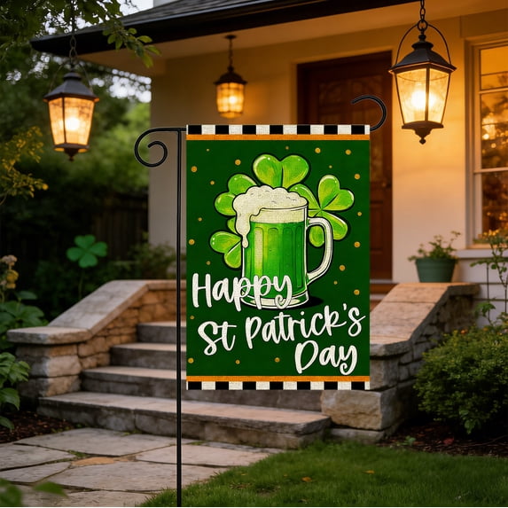 SDJMa Happy St Patrick's Day Garden Flag, Green Shamrock Beer Yard Flag for Outdoor Garden Yard Home Decoration, 12x18 Inch