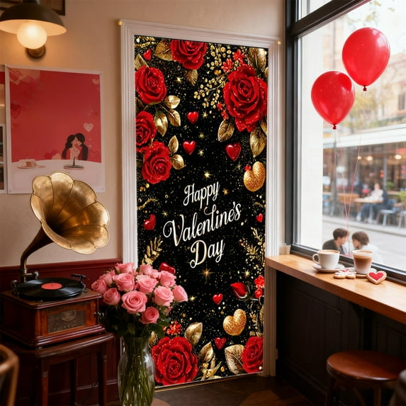 SDJMa Happy Valentine's Day Door Cover 70x35in Rose Door Hanging Banner Cute Door Sign Banner For Indoor Outdoor Wedding Party Backdrop Decoration