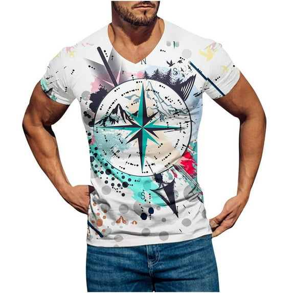 Herrnalise Independence Day Summer Shirts for Men Men's Cotton Shirt Short Sleeve Hippie Casual Beach T Shirts Compass printed V Neck Shirt for men