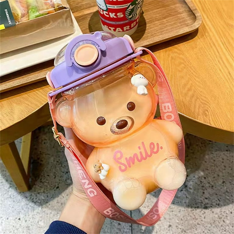 Bottles Kawaii Bear Plastic Water Bottle with Straw Shoulder Strap Cute  Kids