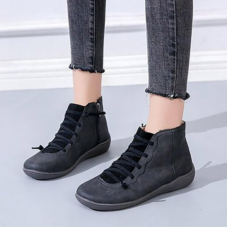 SDJMa Leather Boots for Women Casual Retro Round Toe Lace Up Flat Ankle Booties Side Zipper Plus Size Comfortable Ladies Outdoor Shoe Short Boots Walmart