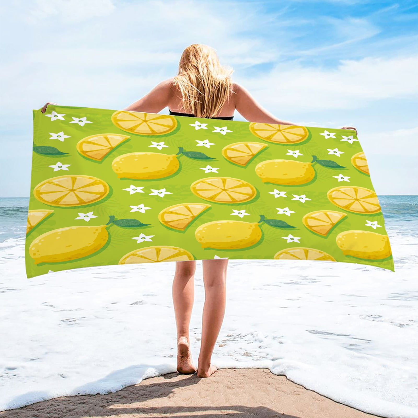 SDJMa Lemon Beach Towels Watercolor Fruit Yellow Lemon Slice Green