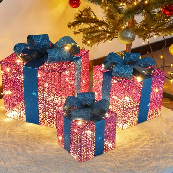 SDJMa Lighted Christmas Boxes, 80 LEDs Lighted Christmas Presents Deocr with Bowknots, Waterproof Light Up Xmas Boxes for Christmas Tree Holiday Party Decorations Indoor Outdoor Yard（3pcs）