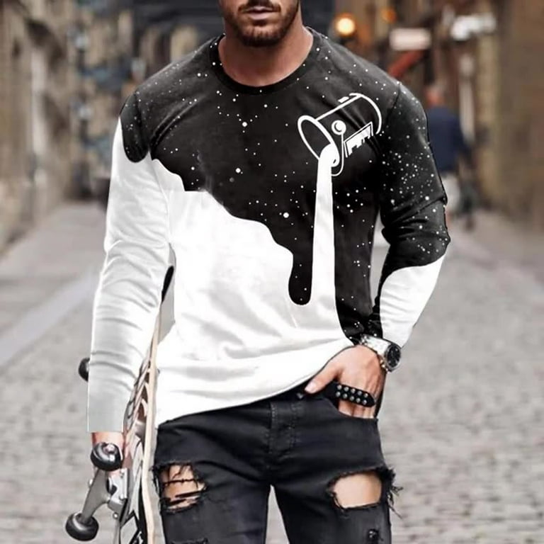 SDJMa Mens Hipster Hip Hop All Over Graphic Longline T-Shirt Men Fashion  Casual Round Neck Pullover Printing Long Sleeve T Shirt Blouse
