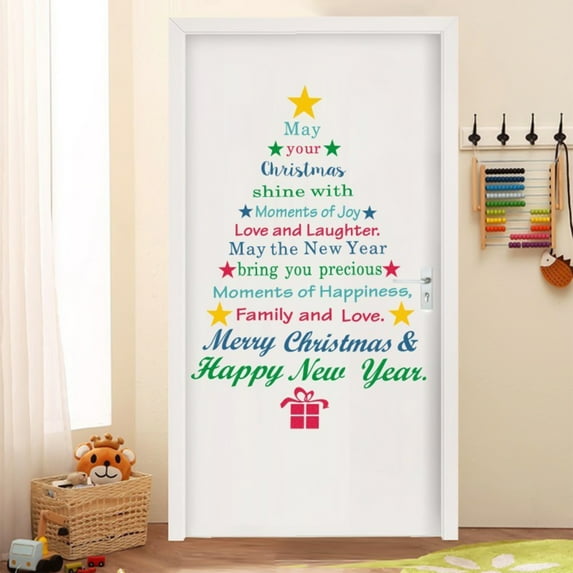 SDJMa Merry Christmas Quotes Wall Decals, Happy New Year Quotes Stickers, Christmas Tree Stars Gift box Wall Art for Christmas Party Supplies Window Clings Door fridge