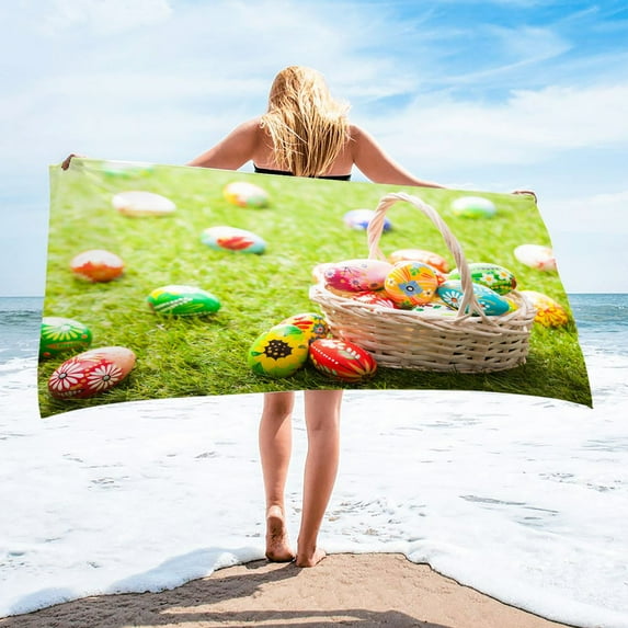 SDJMa Microfiber Quick Dry Beach Towel, Large Soft Bath Happy Easter Towel for Swimming, Gym, Beach Accessories-Easter Bunny Eggs